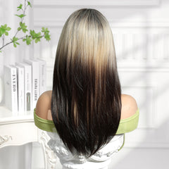Synthetic Ash Blonde Top to Dark Brown Ends with Bangs Long Straight 21