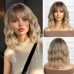 Synthetic Blonde and Dark Brown Root with Bangs Medium Wavy Bob 12