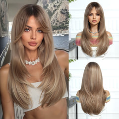 Synthetic Dark Drown Ends to Sandy Brown with Fringe Long Straight 24