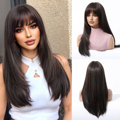 Synthetic Brown with Bangs Long Straight 22