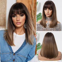 Synthetic Light Brown with Bangs Medium Straight 14