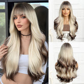 Synthetic Blonde Roots to Dark Brown End with Bangs Extra Long Curly 26