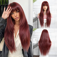 Synthetic Wine Red with Bangs Extra Long Straight 28