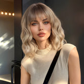 Synthetic Blonde and Dark Brown Root with Bangs Medium Wavy Bob 12