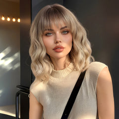Synthetic Blonde and Dark Brown Root with Bangs Medium Wavy Bob 12