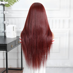 Synthetic Wine Red with Bangs Extra Long Straight 28