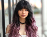 Synthetic Dark Brown to Purple with Bangs Long Wavy 24