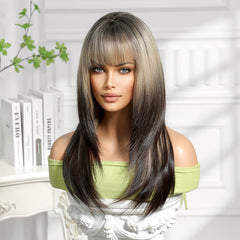 Synthetic Ash Blonde Top to Dark Brown Ends with Bangs Long Straight 21