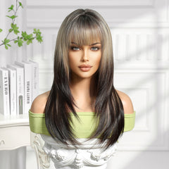 Synthetic Ash Blonde Top to Dark Brown Ends with Bangs Long Straight 21