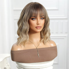 Synthetic Blonde and Dark Brown Root with Bangs Medium Wavy Bob 12