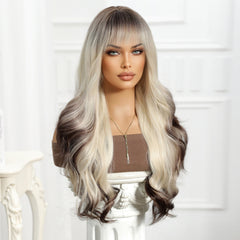 Synthetic Blonde Roots to Dark Brown End with Bangs Extra Long Curly 26