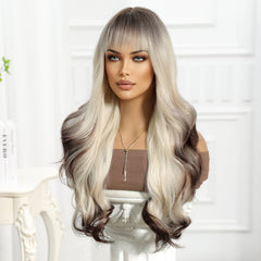 Synthetic Blonde Roots to Dark Brown End with Bangs Extra Long Curly 26