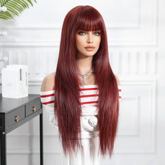 Synthetic Wine Red with Bangs Extra Long Straight 28