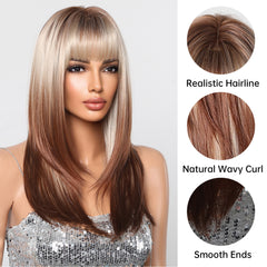 Synthetic Blonde to Brown with Bangs Long Straight 24