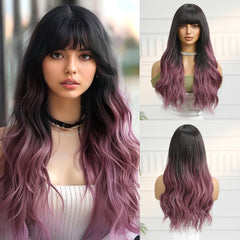 Synthetic Dark Brown to Purple with Bangs Long Wavy 24