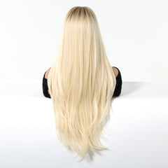 Synthetic Platinum Blonde with Dark Roots with Bangs Extra Long Straight 26