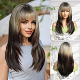 Synthetic Ash Blonde Top to Dark Brown Ends with Bangs Long Straight 21