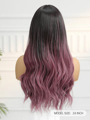 Synthetic Dark Brown to Purple with Bangs Long Wavy 24