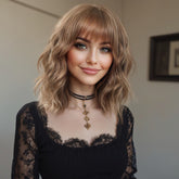 Synthetic Ash Light Brown with Bangs Medium Wavy Bob 12