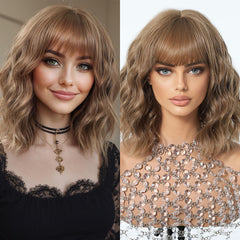 Synthetic Ash Light Brown with Bangs Medium Wavy Bob 12