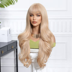 Synthetic Light Blonde with Bangs Extra Long Curly 26