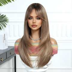 Synthetic Dark Drown Ends to Sandy Brown with Fringe Long Straight 24