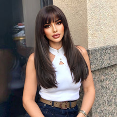 Synthetic Brown with Bangs Long Straight 22