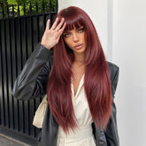 Synthetic Wine Red with Bangs Extra Long Straight 28