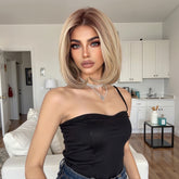 MONO Blonde with Wine Red Roots Short Bob 10