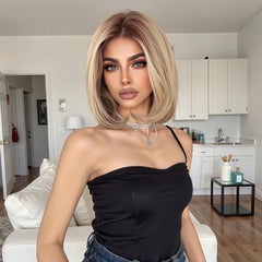 MONO Blonde with Wine Red Roots Short Bob 10