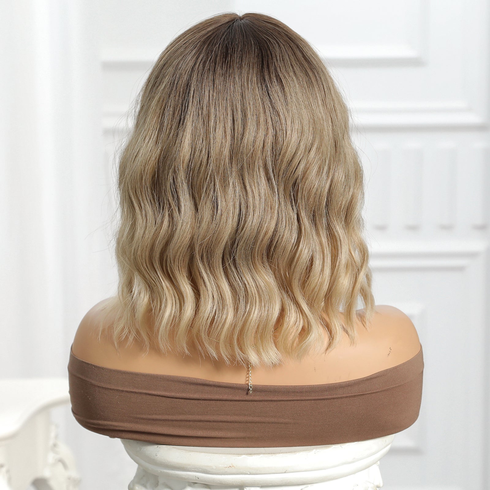 Synthetic Blonde and Dark Brown Root with Bangs Medium Wavy Bob 12