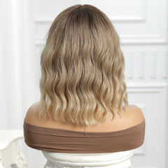 Synthetic Blonde and Dark Brown Root with Bangs Medium Wavy Bob 12