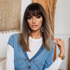 Synthetic Light Brown with Bangs Medium Straight 14