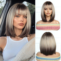 Synthetic Dark Brown Roots to Ash Blonde with Bangs Medium Bob 12