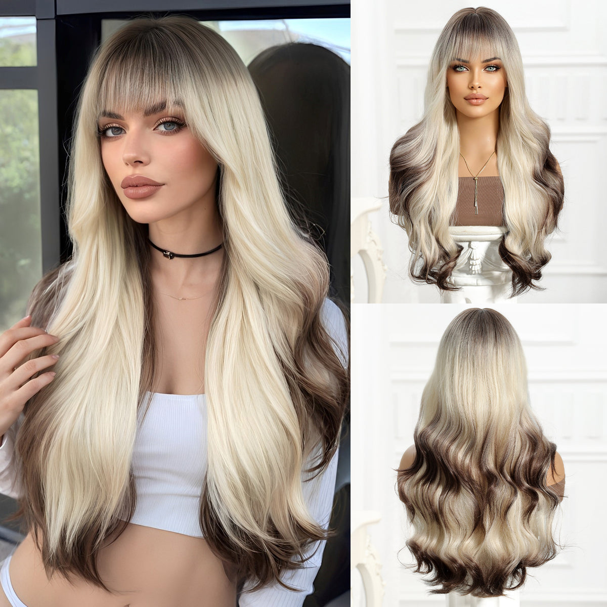 Synthetic Blonde Roots to Dark Brown End with Bangs Extra Long Curly 26