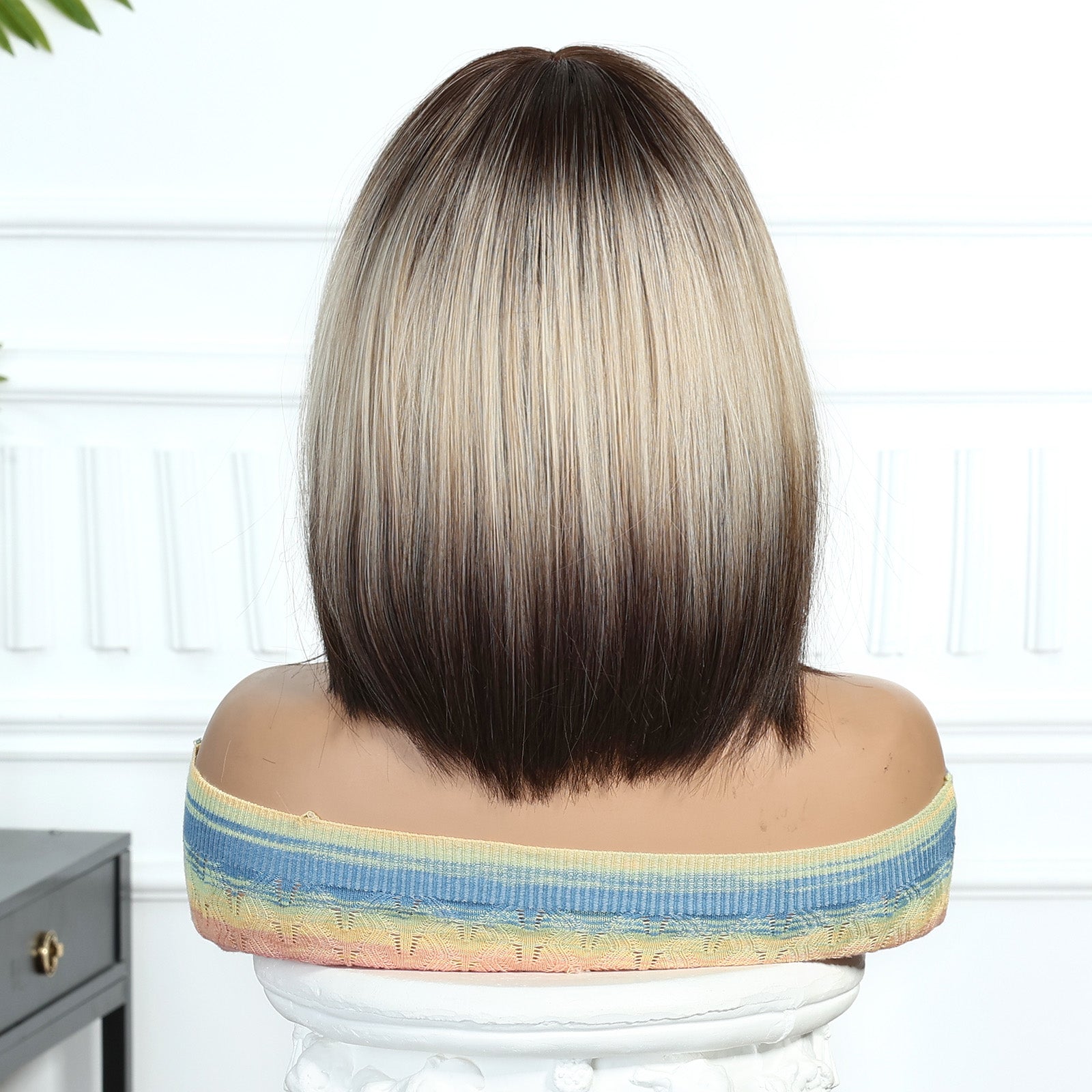 Synthetic Dark Brown Roots to Ash Blonde with Bangs Medium Bob 12