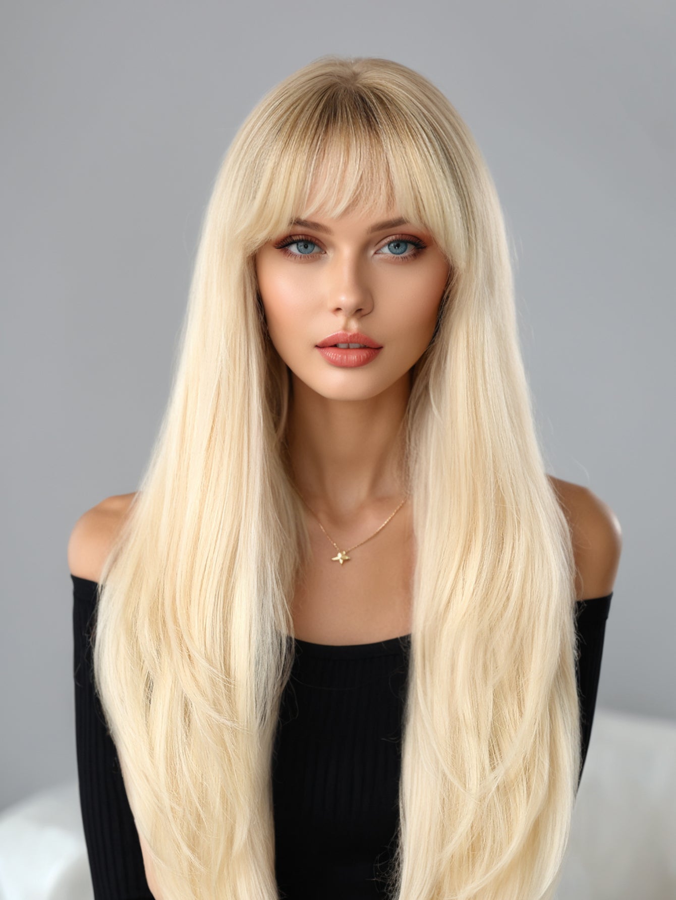 Synthetic Platinum Blonde with Dark Roots with Bangs Extra Long Straight  26