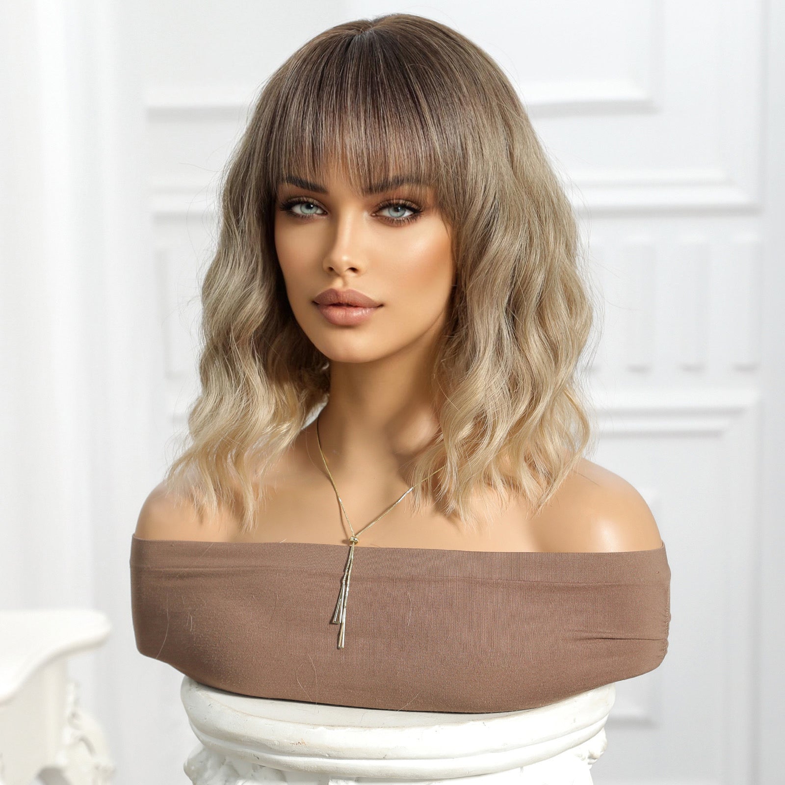 Synthetic Blonde and Dark Brown Root with Bangs Medium Wavy Bob 12