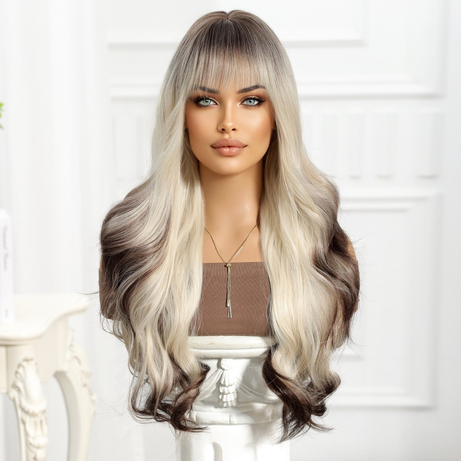 Synthetic Blonde Roots to Dark Brown End with Bangs Extra Long Curly 26