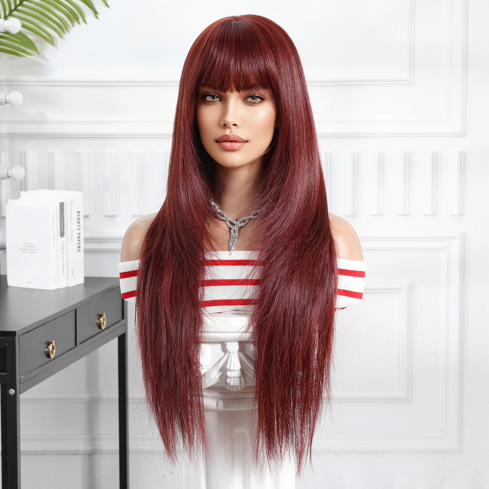 Synthetic Wine Red with Bangs Extra Long Straight 28