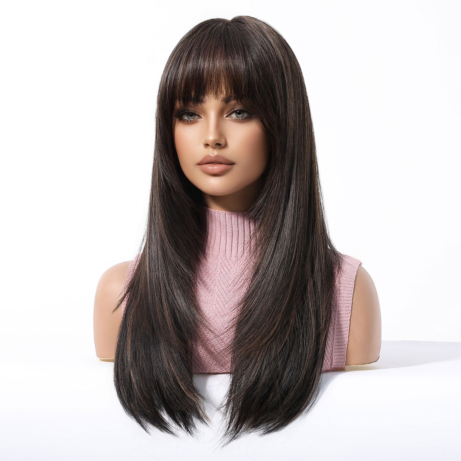 Synthetic Brown with Bangs Long Straight 22