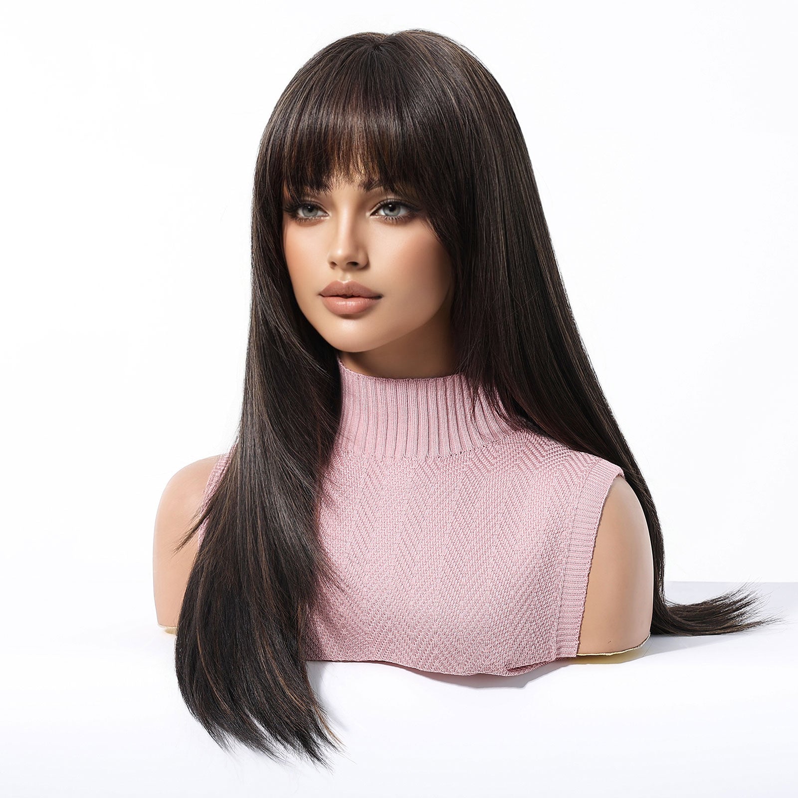 Synthetic Brown with Bangs Long Straight 22