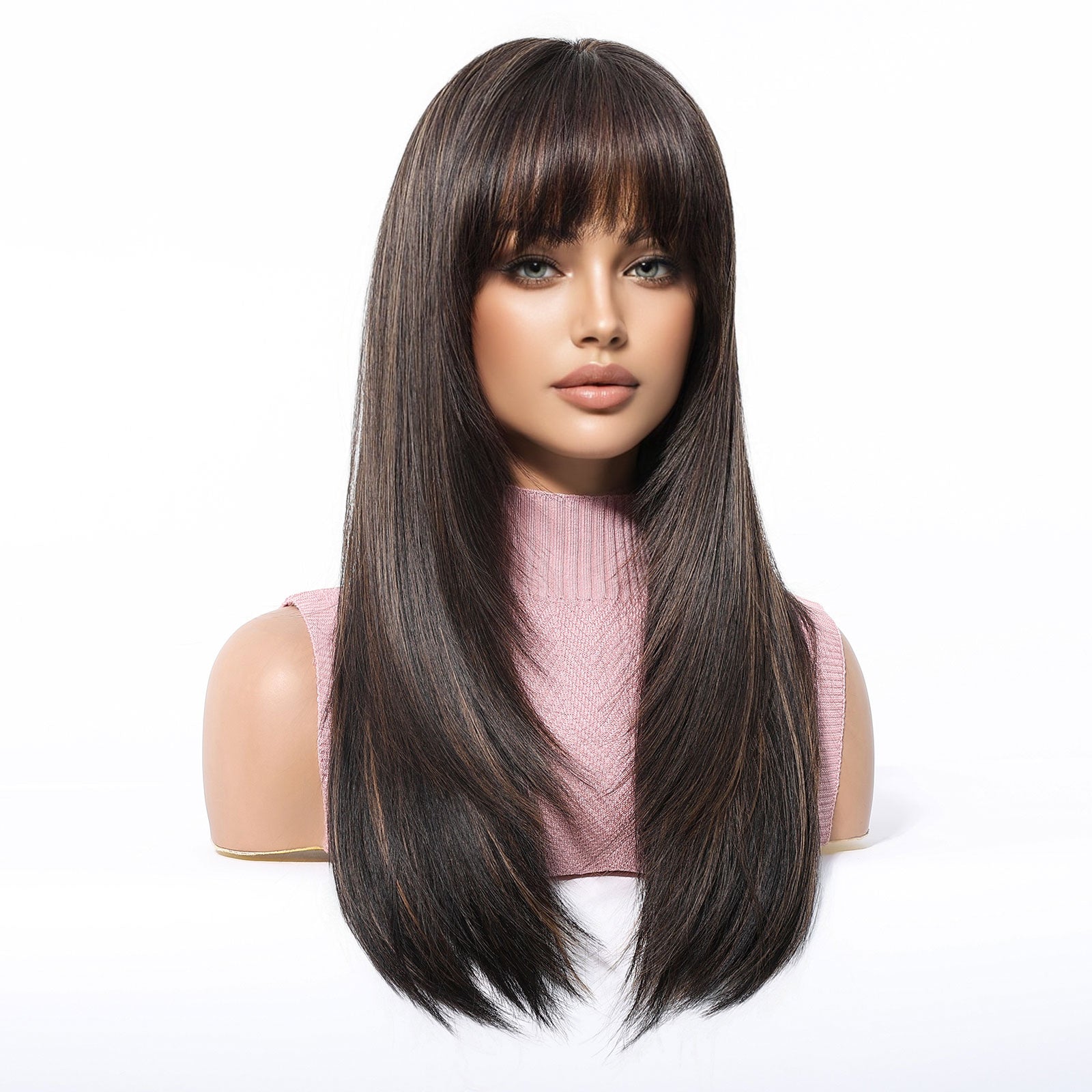 Synthetic Brown with Bangs Long Straight 22