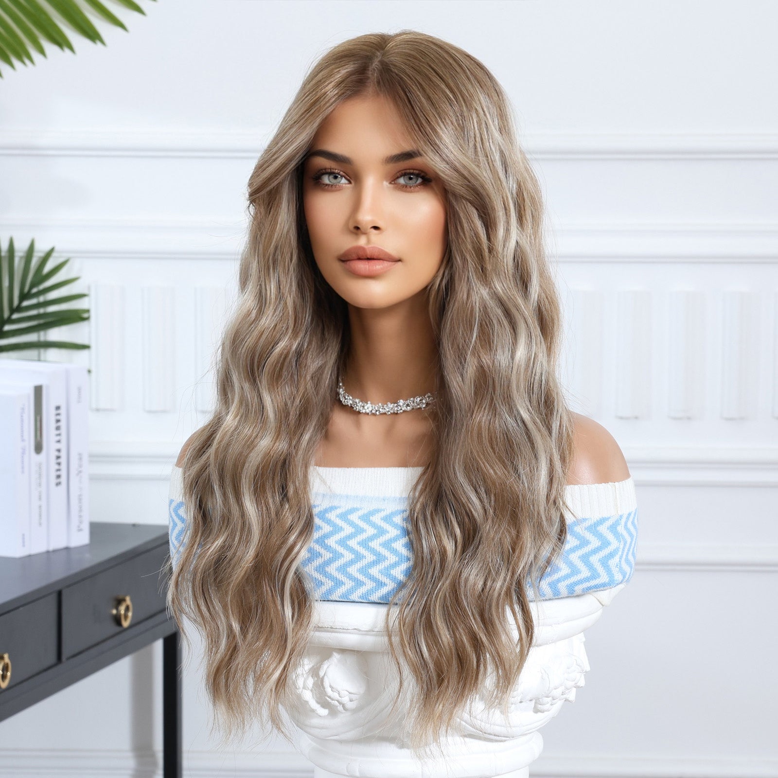Synthetic Ash Blonde with Fringe Long Wavy 24
