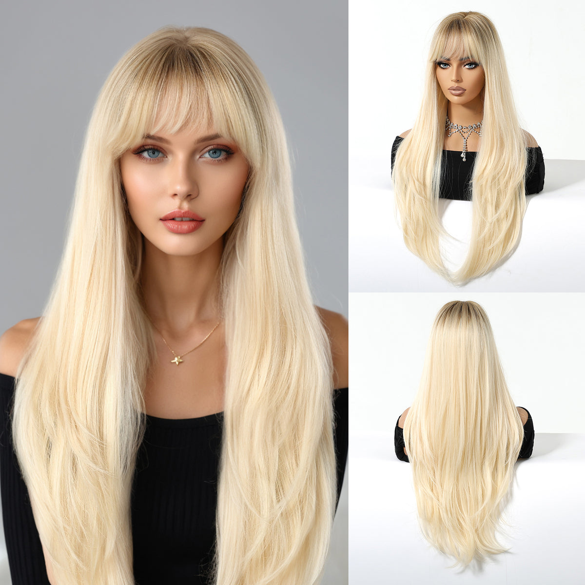 Synthetic Platinum Blonde with Dark Roots with Bangs Extra Long Straight  26