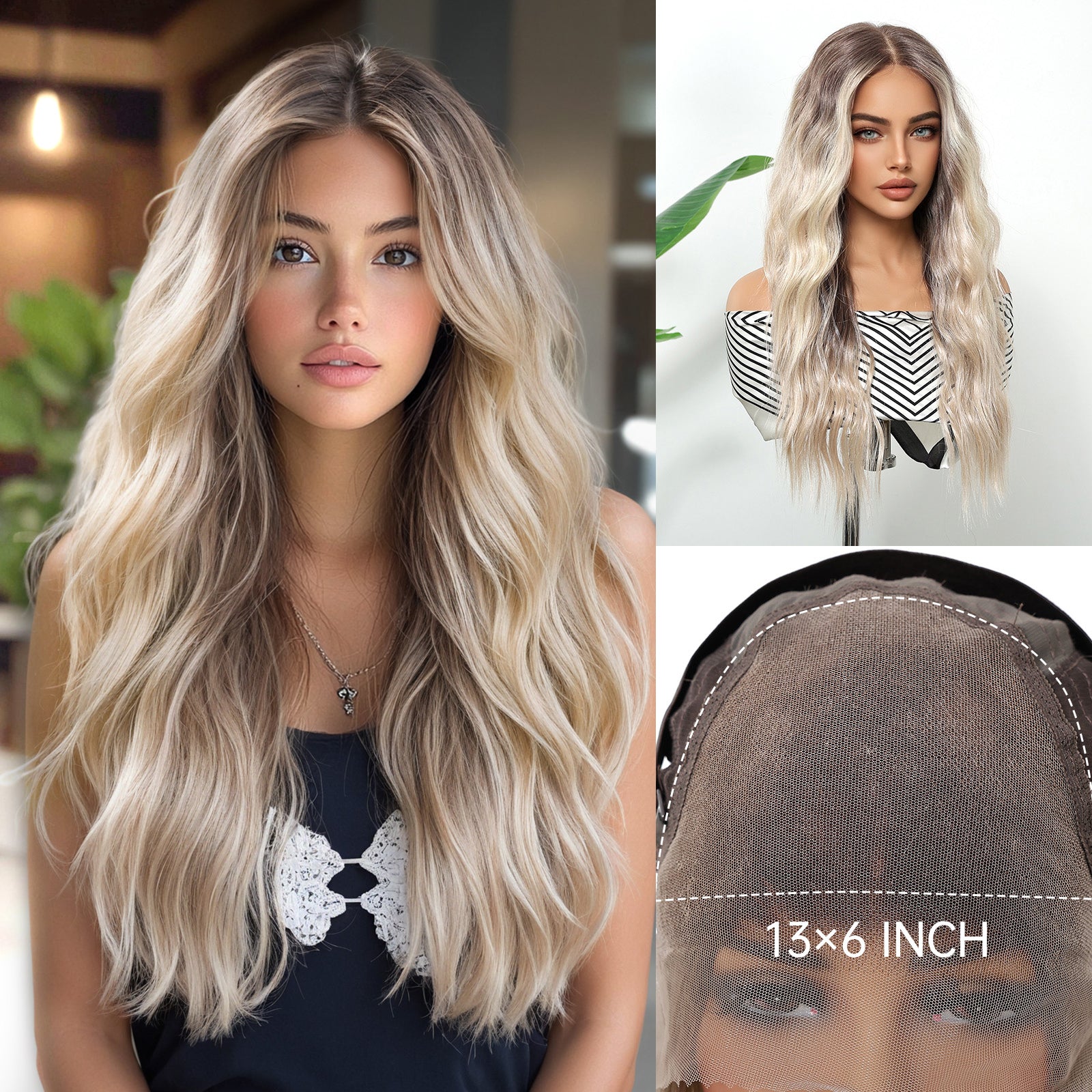 LaceFront Blonde with Brown Root Long Wavy 24
