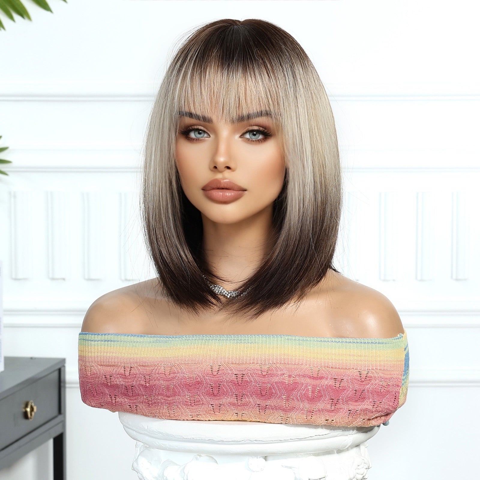 Synthetic Dark Brown Roots to Ash Blonde with Bangs Medium Bob 12