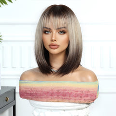 Synthetic Dark Brown Roots to Ash Blonde with Bangs Medium Bob 12