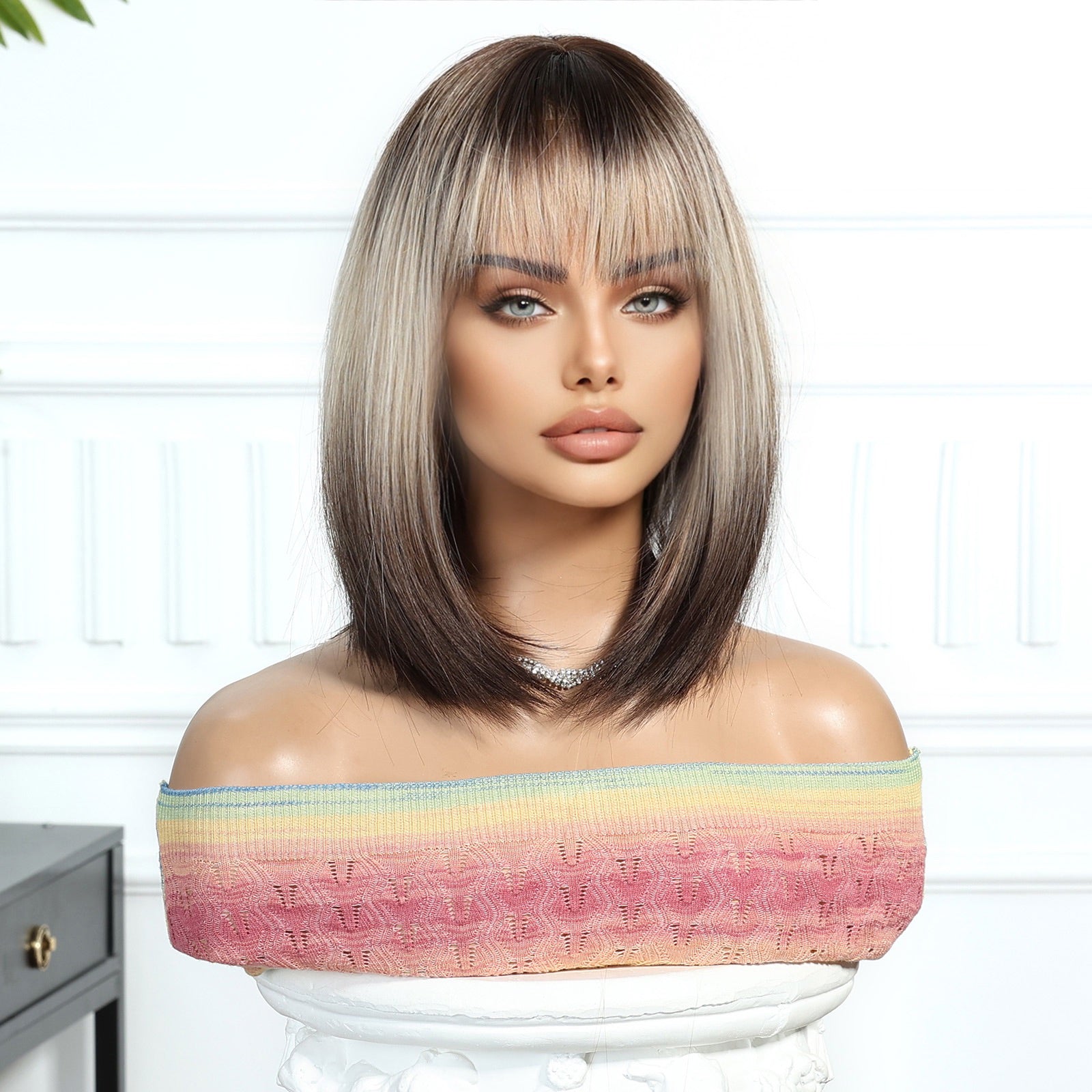 Synthetic Dark Brown Roots to Ash Blonde with Bangs Medium Bob 12