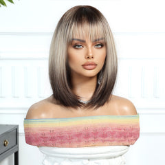 Synthetic Dark Brown Roots to Ash Blonde with Bangs Medium Bob 12